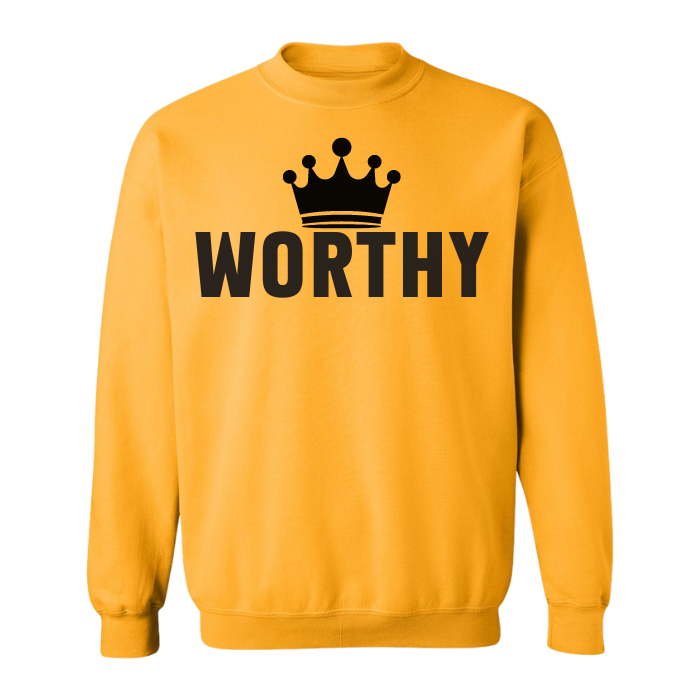 Uplifting "Worthy" sweatshirt, long sleeve and loose fit, ideal for casual wear, shop near me for the best online sweaters this season.