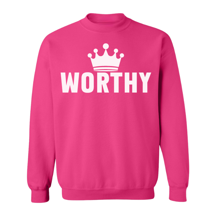 Worthy text-based crewneck sweater in hot pink, perfect for women and teens looking to stay warm and inspired. shop near me for this online sweater.