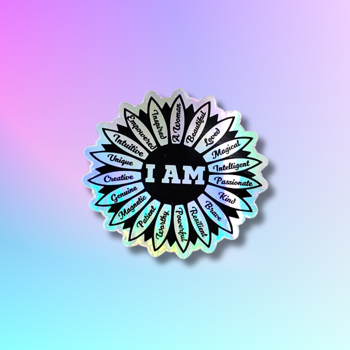 Self Love Affirmation Holographic Sticker on a gradient background