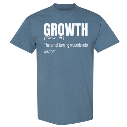 Best women's printed tee shirt, featuring an inspirational quote of turning wounds into wisdom, with Growth definition quote.