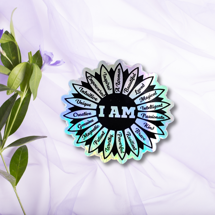 close up front view of holographic sticker with mental health inspired quote