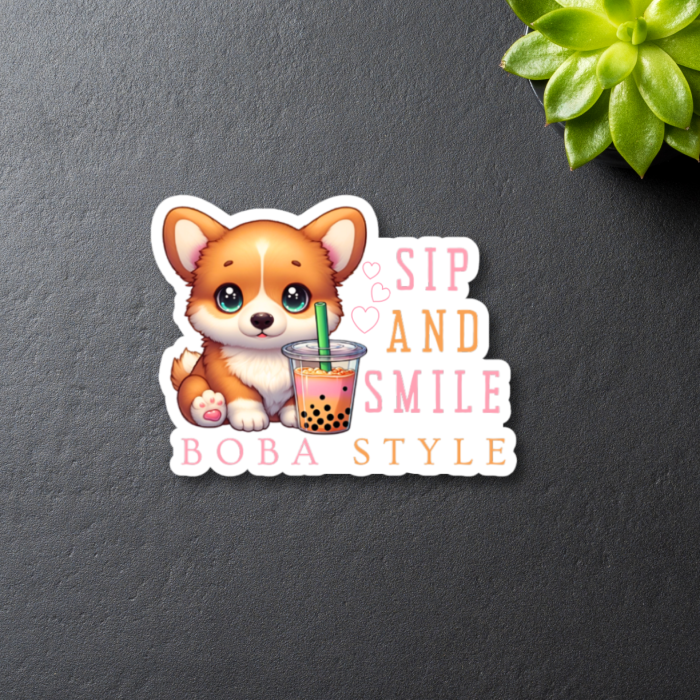 Cute Kawaii Style Watercolor Corgi and Boba Tea Sticker