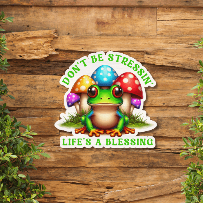 Cute Frog Mushroom Colorful Sticker on wood background with plants