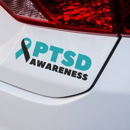 PTSD awareness support decal in teal and black with ribbon
