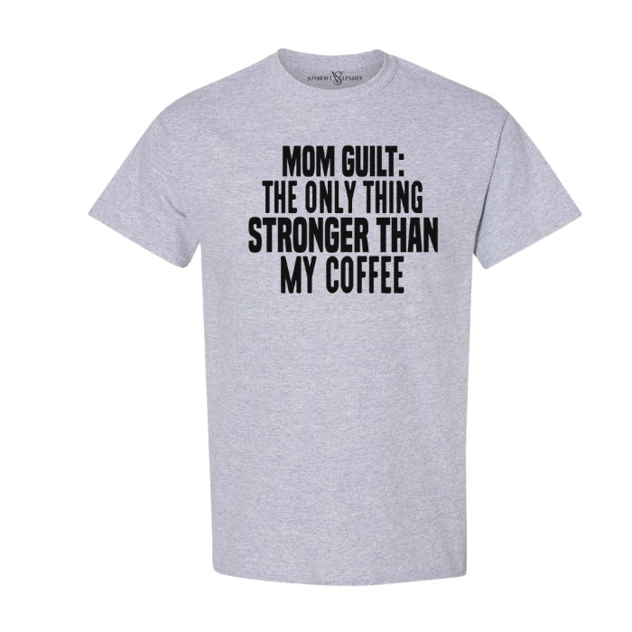 Sarcastic Coffee and Mom Guilt Mental Health Tee in Sports Grey with Black Font - Front View on a white background. 