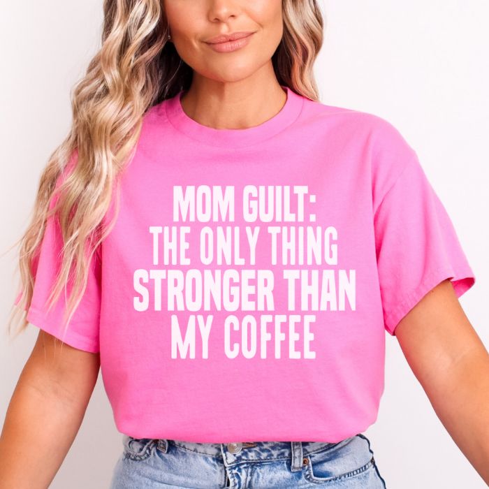 Sarcastic Coffee and Mom Guilt Mental Health Tee in Azalea Pink with White Font - Front View on a white background. 