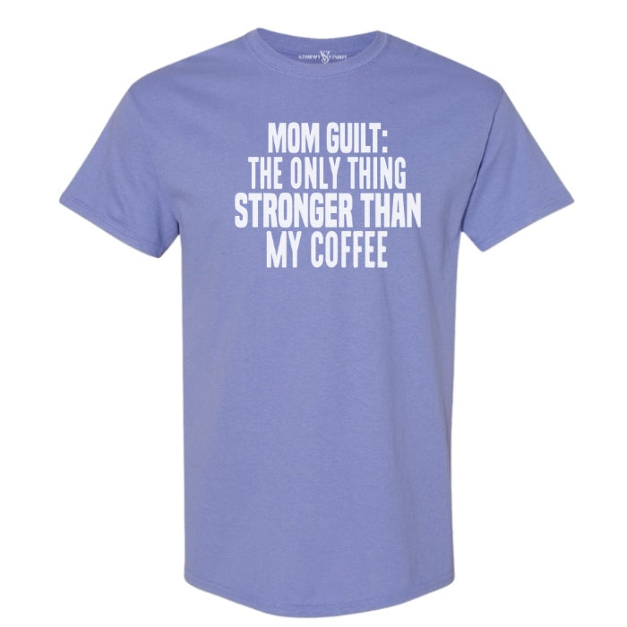 Sarcastic Coffee and Mom Guilt Mental Health Tee in Violet with White Font - Front View on a white background. 