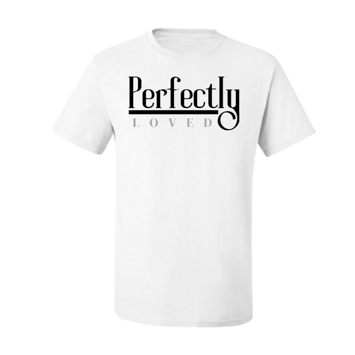 Everyday white crew neck tee featuring inspirational self love quote "Perfectly Loved".