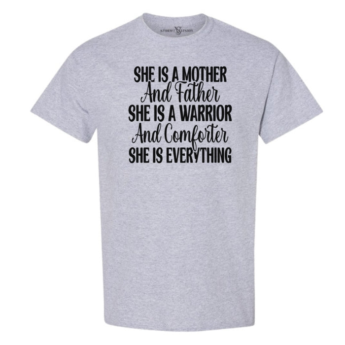 She Is Everything Inspirational Sports Grey T-shirt for mothers. Short Sleeve with black bold and cursive font on a white background front view.