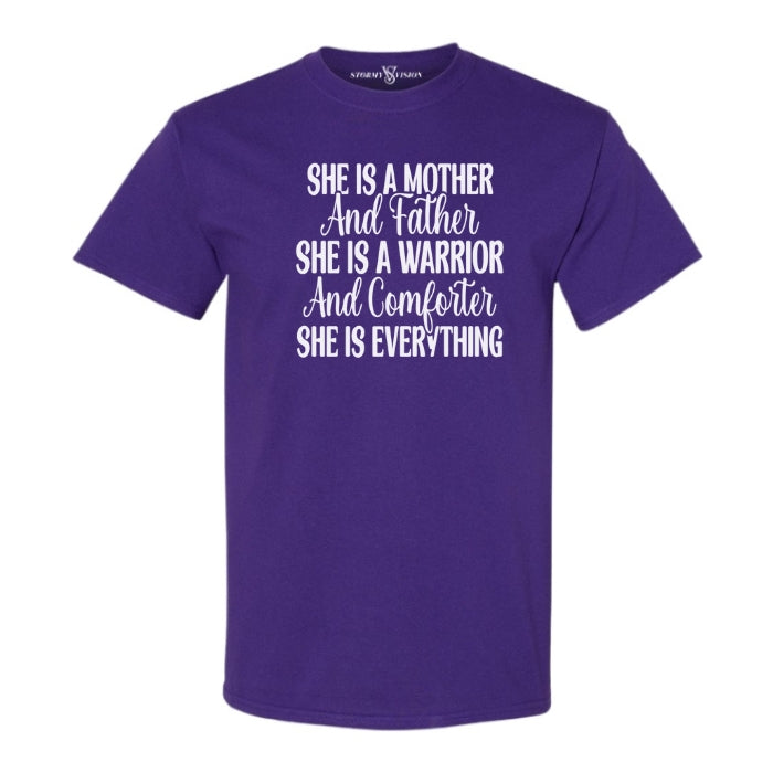 She Is Everything Inspirational Purple T-shirt for mothers. Short Sleeve with white bold and cursive font on a white background front view.