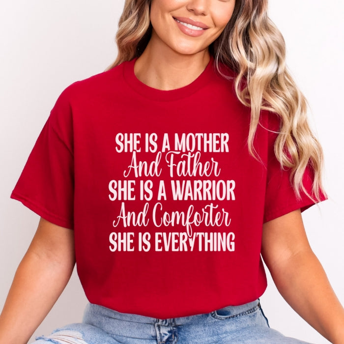 She Is Everything Inspirational Red T-shirt for mothers. Short Sleeve with white bold and cursive font on a white background front view.