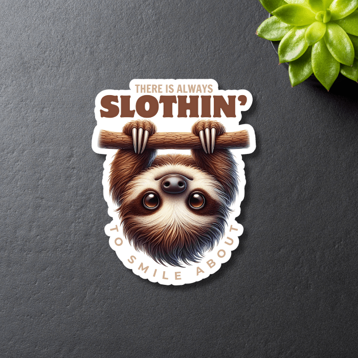 Cute hanging sloth sticker with inspirational quote