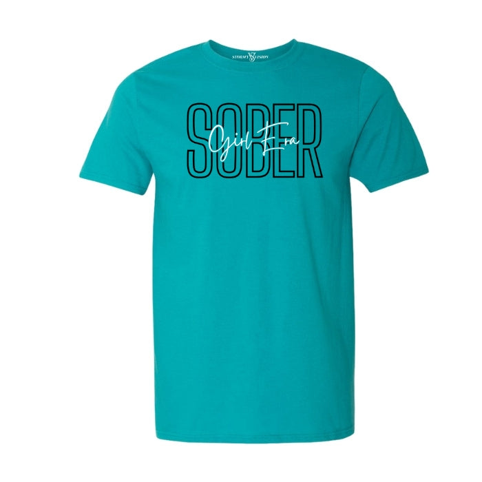 Sober Girl Era Jade Sobriety Tee For Women. Short Sleeve, Round Neck Tee with black and white font on a white background. Front View.