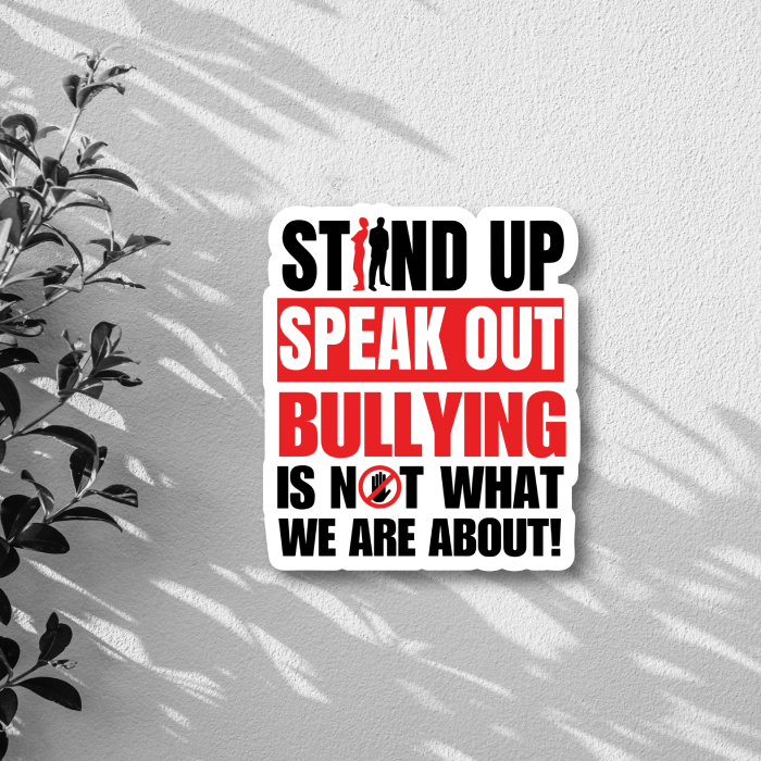 stand up speak out red and black close up sticker on white textured background