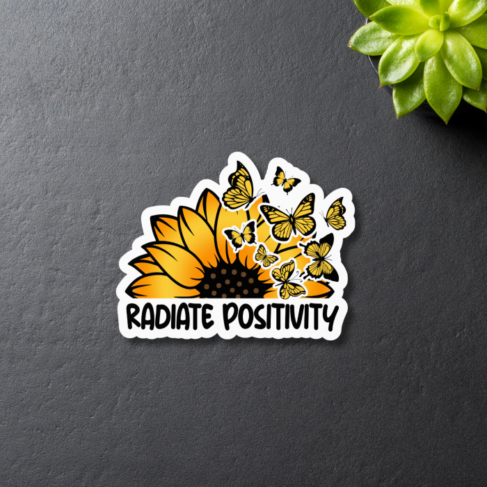 Yellow and black sunflower and butterflies sticker with positive quote