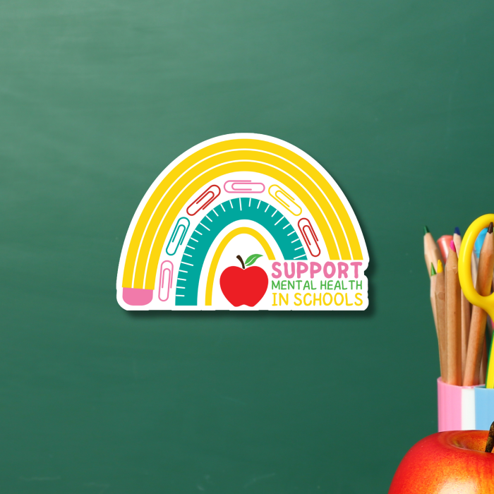 Teacher inspired sticker to support mental health in schools with rainbow pencil design