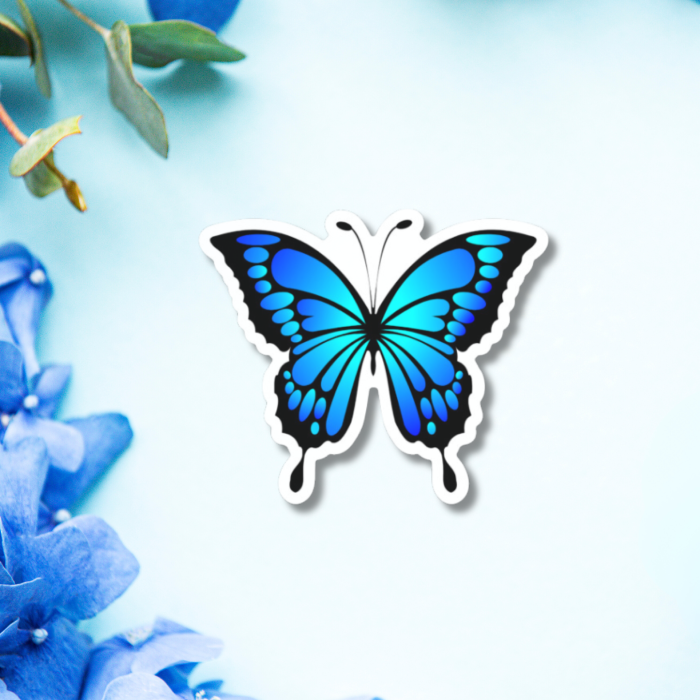 vibrant waterproof gradient butterfly on a white and blue floral background