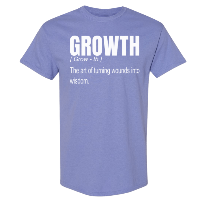 Cute pastel Violet short sleeve Growth Definition t-shirt for women. Great for positive vibes on-the-go.