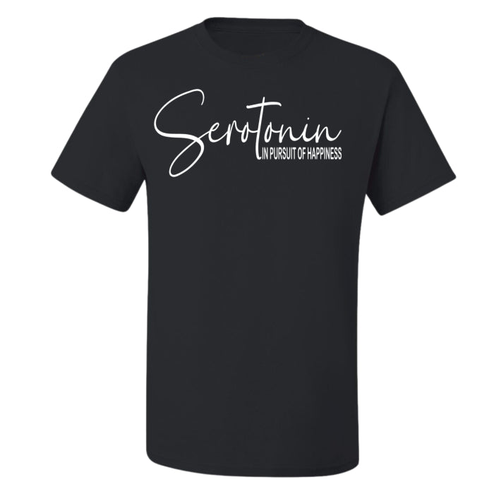 Everyday casual black t-shirt, featuring "Serotonin" quote across the front in white font. 