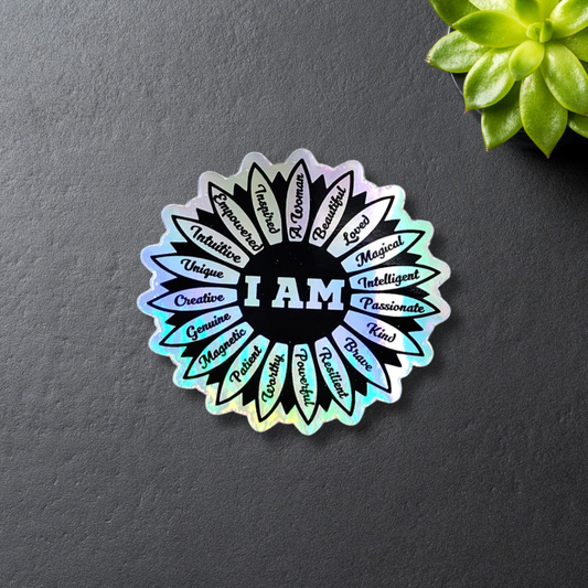 Words of Affirmation Holographic sticker close up on a black background