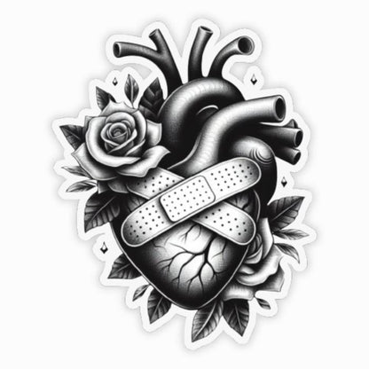 Healing Heart: Black and White Sticker with a bandaged heart and roses. 