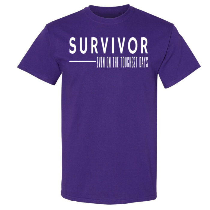 Basic inexpensive quality t shirt, with bold Survivor quote in white lettering, ideal for mental health advocates or anyone seeking a uplifting message on tough days.