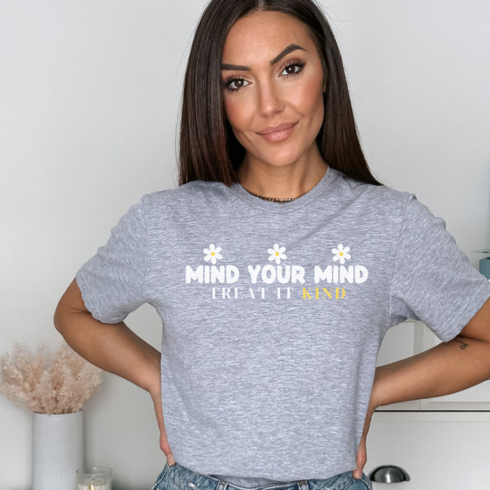 Unisex round neck t-shirt in grey with Kindness inspired quote, that pairs well with jeans or leggings. 