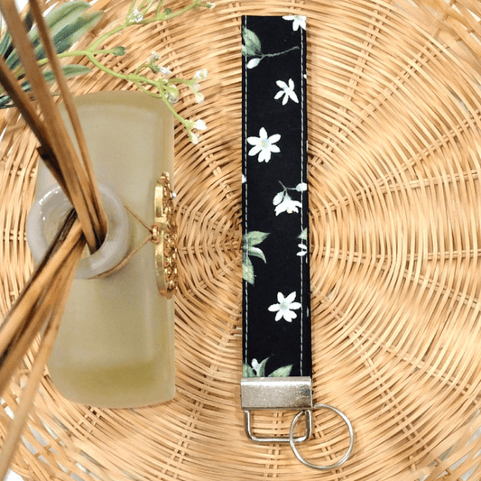 Floral Wristlet Keychain - Black and White - Floral Design - Front View - Stormy Vision