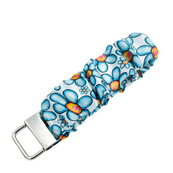 Blue Floral Scrunchie Wristlet Keychain - Daisy Design Side View - Stormy Vision