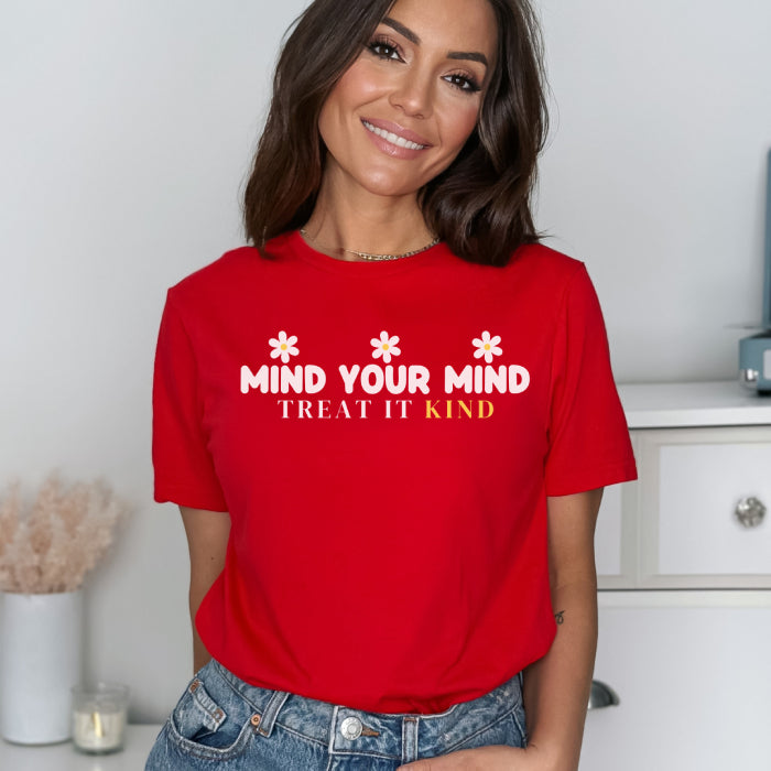 Women's inclusive sizing t-shirt that inspires Kindness, with floral design and Kind Mind quote on front.