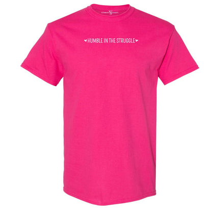 best trendy hot pink round neck t-shirt, with a dainty inspirational text-based message and hearts design, in white font. Great for mental health advocates.