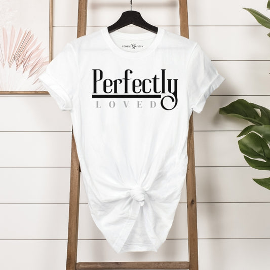 Classic crew neck t-shirt in white featuring "Perfectly Love" quote, perfect for expressing self love.