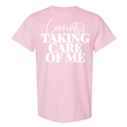 Best quality online t-shirt for women, looking to for a boost of self care, with an inspirational quote in bold font.