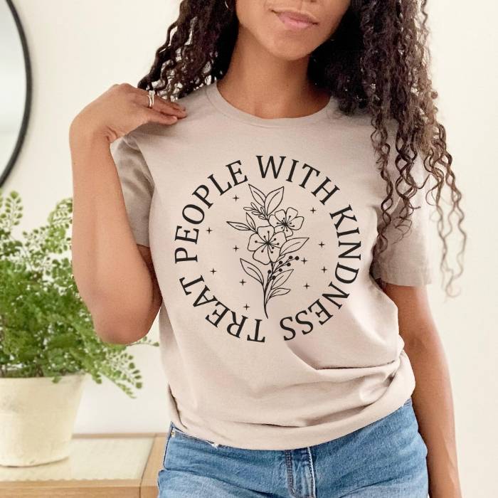 Trendy cute floral kind words graphic tee, with big bold black font. Perfect for spreading positivity.