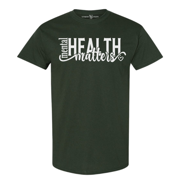 Cute sustainable cotton t-shirts, featuring mental health matters quote, ideal for people seeking durability and style in one place.