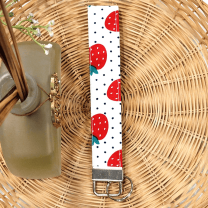 Fashionable Red Strawberries and Black Dots Keychain Key Fob Wristlet