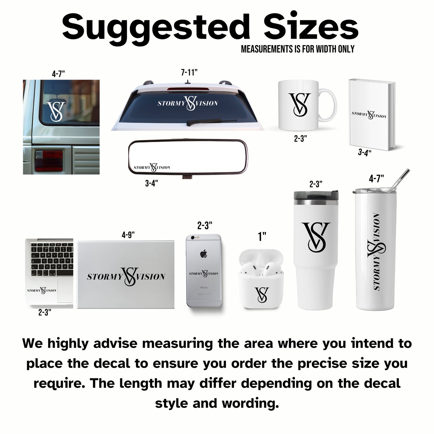 suggested size chart for decals purchased on Stormy Vision website