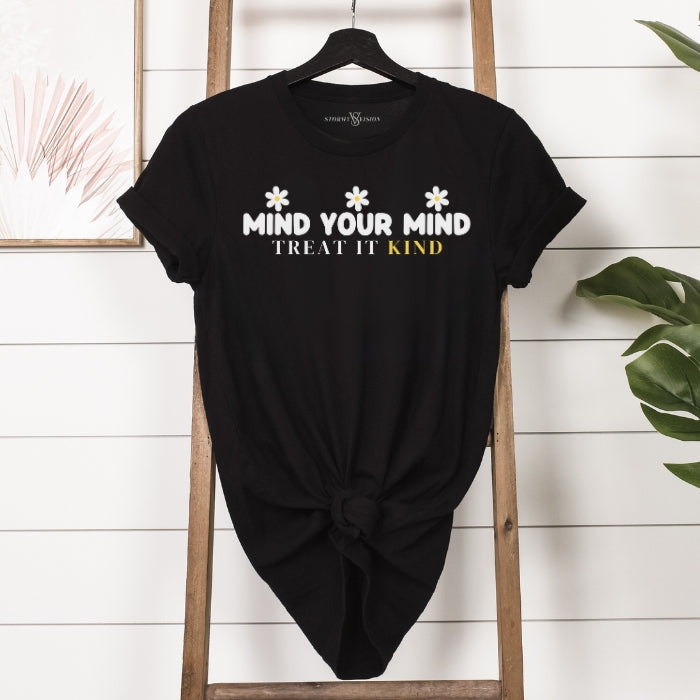 Black graphic tee featuring a "Kind Mind" quote and floral design elements, Ideal for creating a positive look.