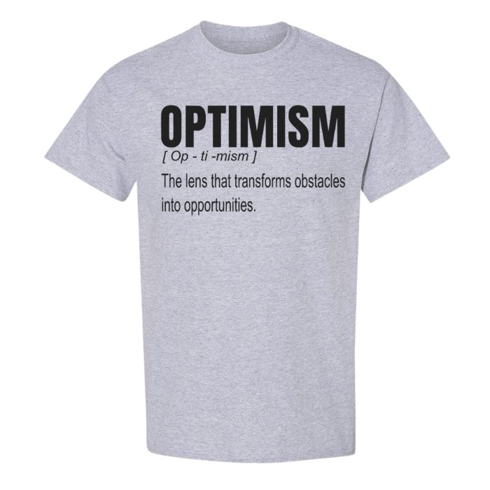 Comfy unisex crew neck tee, featuring a bold definition of Optimism, great for everyday wear.