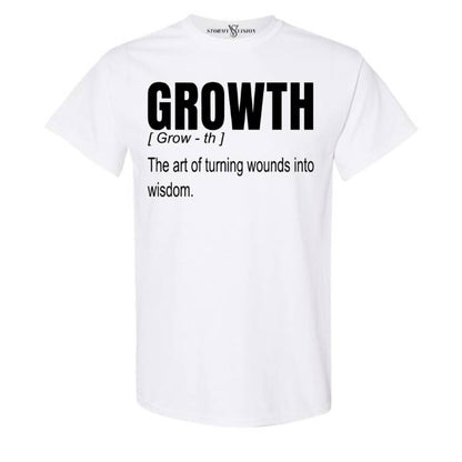 Turn wounds into wisdom: Growth Definition white crew neck tee, perfect for empowering minds and everyday casual wear.