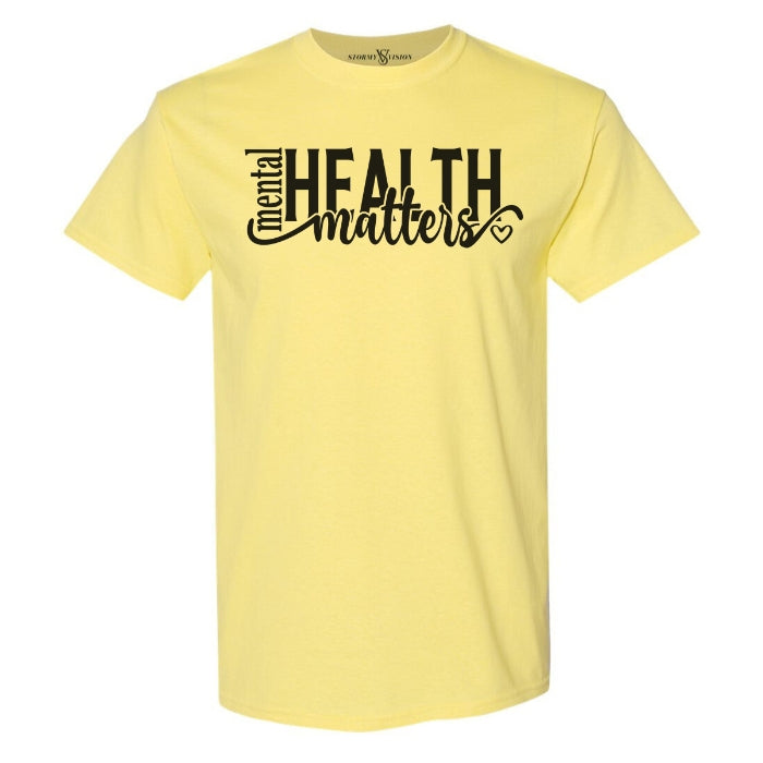 Cute yellow and black heavy cotton mental health inspired graphic tee, with heart embellished design, ideal for full figured women on-the-go.