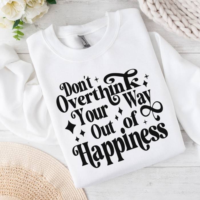 Inspirational Overthinker plus size sweatshirt in white, a cozy option for full-figured women. Ideal for promoting mental health awareness.
