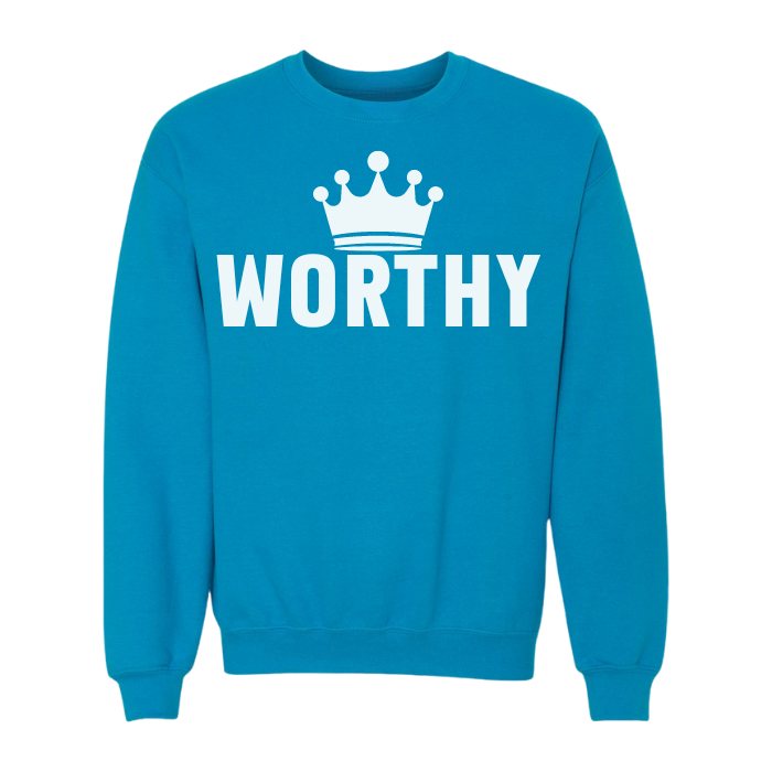 "Worthy" long sleeve sweatshirt with crown motif, cozy and uplifting. ideal for women focusing on self-care, pairs well with comfy joggers.