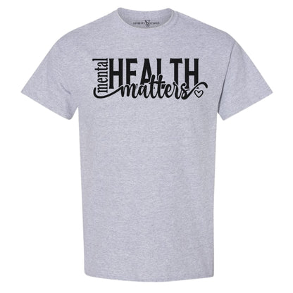 Short sleeve grey cotton t-shirt, with positive mental health sayings, great for people seeking quality graphic tee and inspirational apparel online.