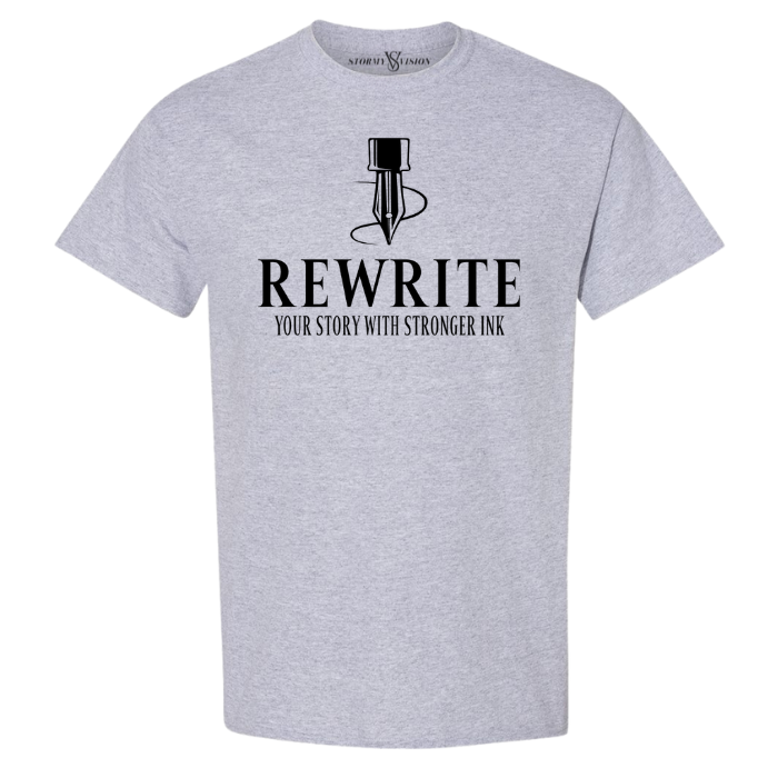 Women's plus size graphic tee for women, featuring an inspirational "Rewrite Your Story" quote. Great choice for women who appreciate a meaningful message in their wardrobe.