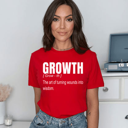 Casual everyday Growth slogan t-shirt, encouraging turning wounds into wisdom. Perfect for a mental health and inspirational boost.