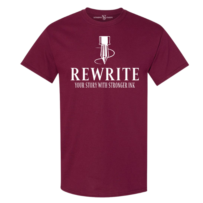 Maroon graphic relaxed fit t shirt, showcasing a motivational "Rewrite Your Story" quote, pairs well with a denim jacket for a stylish, relaxed look.