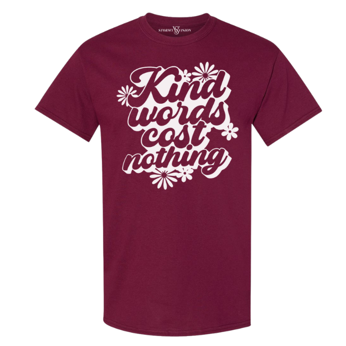 Retro "Kind Words" cotton t-shirt, designed with soft floral accents, perfect for all-day wear and seasonal styling.
