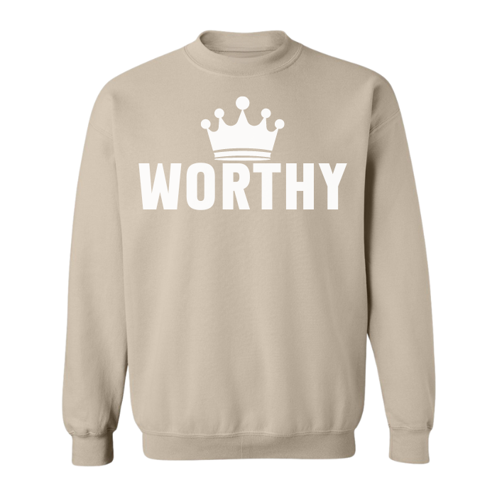 "Worthy" sweatshirt with crown detail, perfect for fall, long sleeve and loose fit, great for students or professionals looking for a boost.
