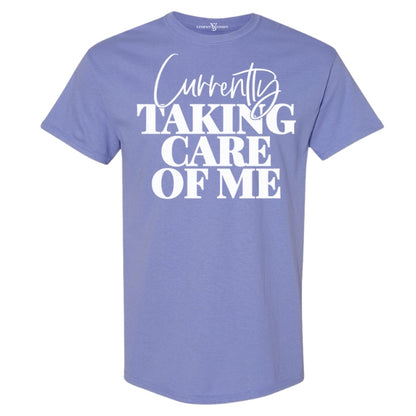 Soft crew neck graphic tee for women, with inspirational self care text, in white font. Pairs with with jeans and boots.